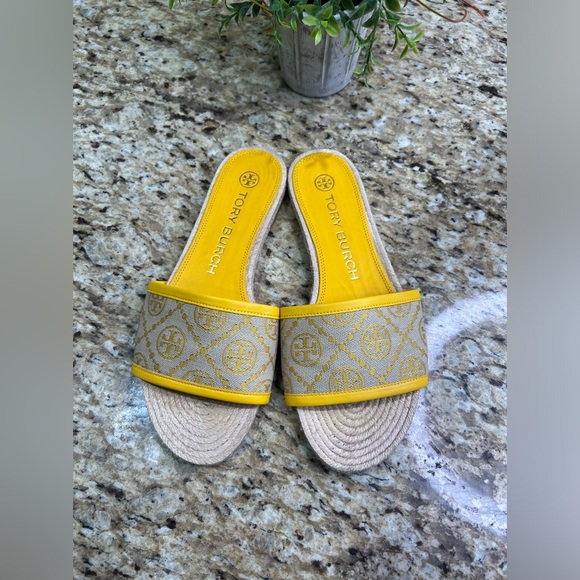 Tory Burch T Monogram Yellow Espadrille Slides 7.5M. - Picture 2 of 10
